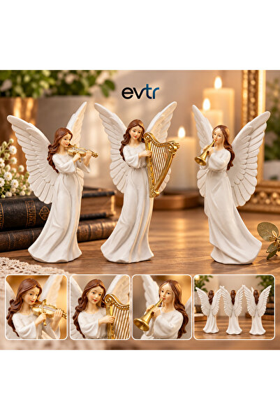 EVİMİST 3'LÜ SET - Müzisyen Melekler 3'lü Biblo Seti - 16.5 cm Altın Detaylı ...