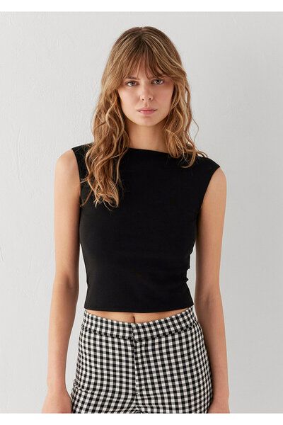 Mavi Siyah Crop Tişört Fitted / Vücuda Oturan Kesim 1614384-900