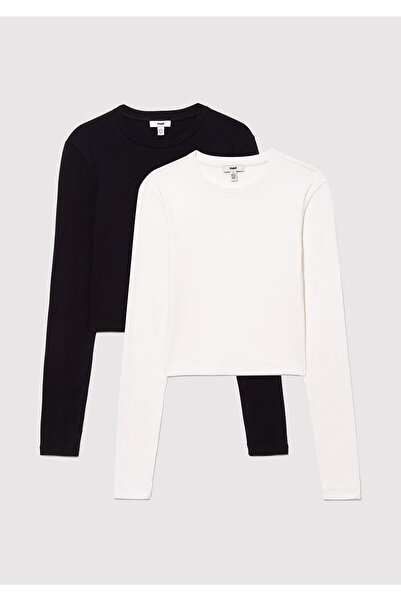 Mavi 2li Uzun Kollu Crop Basic Tişört Fitted / Vücuda Oturan Kesim 1613021-70057