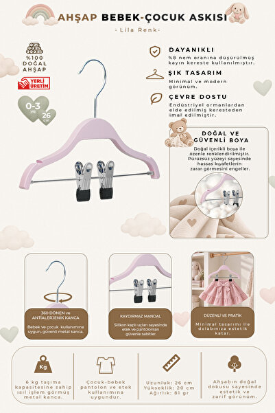 NYN Wooden 8000 0-3 Years Old 26cm Child Hanger with Latch Pink Color 6 Pieces