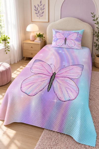 Evmila Kelebek Desenli Bebek ve Çocuk Baskılı Tek Kişilik Pike Takımı 160x230 Pembe