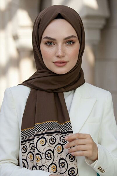 Vissona KREP KENAR MOTİFİ ÇİÇEK DESENLİ VİZON RENKLİ 75X195 KIRIŞMAZ ŞAL