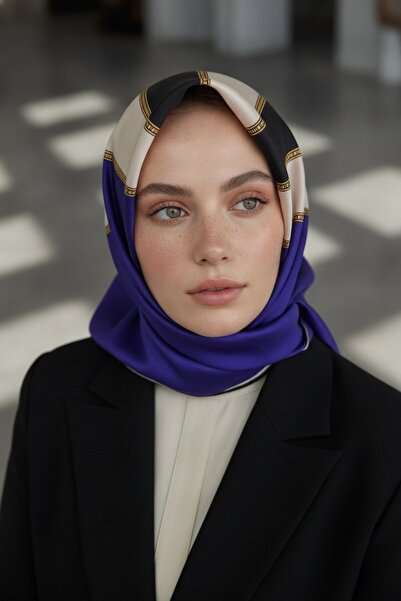 Vissona %100 Twill İpek Eşarp 90x90 Çizgili Barok Detaylı El Dikişli Kadın Eşarp