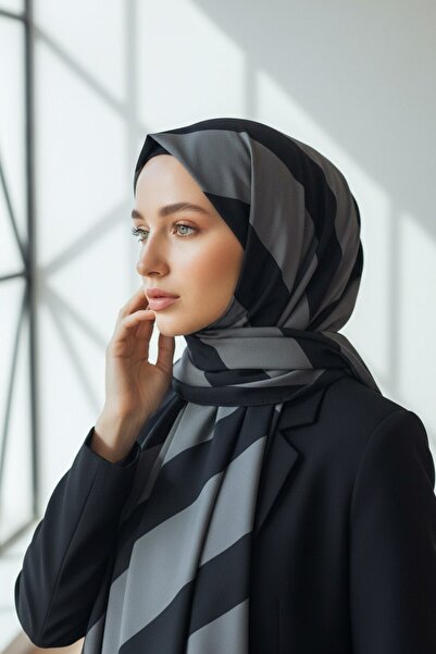 Vissona KREP ÇİZGİLİ DESENLİ GRİ - SİYAH RENKLİ 75X195 KIRIŞMAZ ŞAL