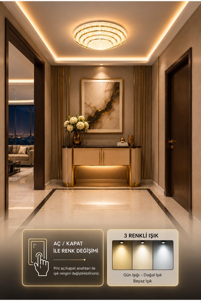 Modavize Safir LED GOLD AKRİLİK Avize Modern Tasarımlı 3 Renk Dimmer Özellikl...