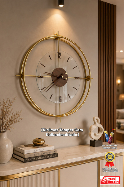 Wallover Design Metal Gold Çift Çemberli TEMPERLİ Camlı Duvar Saati Junbo Cev...