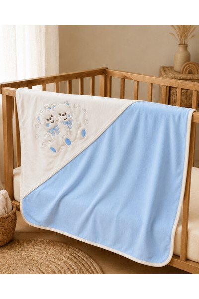 Tomuycuk 100% Cotton & Seasonal Baby Boy Blanket - Blue & Teddy Bear Embroide...