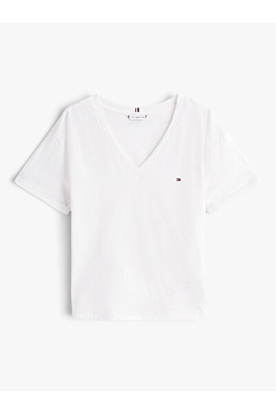 Tommy Hilfiger SLUB MDRN V-NK SS T-SHIRT Kadın Beyaz T-Shirt - WW0WW43901