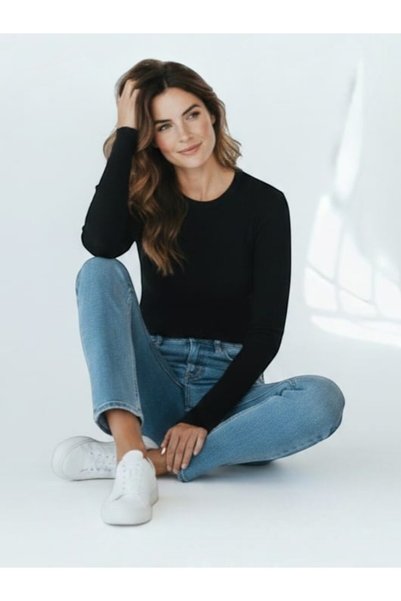 MODA Kadın Bisiklet Yaka Uzun Kollu Parmak Geçmeli Esnek Body Tişört
