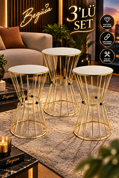 Begüsa Madrid 3'lü Set Sehpa Gold Kaplama Akça Ahşap, Modern Zigon Sehpa, Dek...