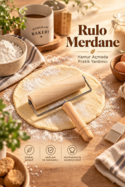 Porsima 2076 Ahşap Saplı Rulo Merdane Oklava Pürüzsüz Oklava Pizza Börek Açma...