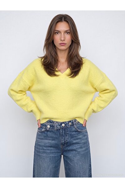 Dilvin 10645 V-Ausschnitt-Pullover aus Wollmischung – Gelb