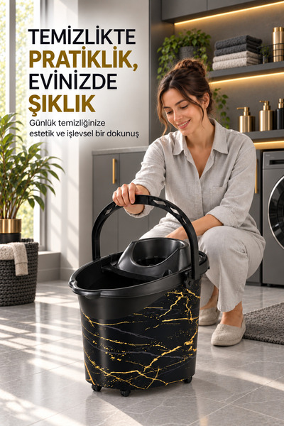 ÖZATAK PLASTİK Tekerlekli Sıkma Aparatlı Desenli Temizlik Kovası, Süzekli Tek...