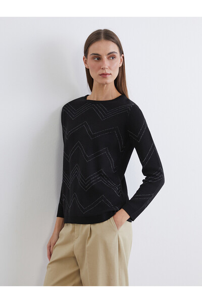 LC Waikiki Lcw Grace Black Oval Collar Patterned Women's Knitwear Sweater wit...