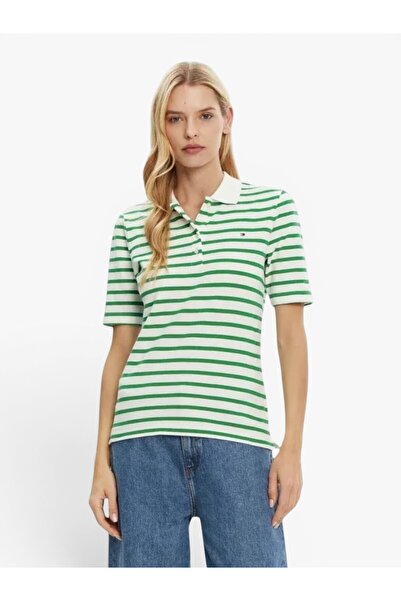 Tommy Hilfiger Kadın Th 1985 Pique Çizgili Polo T-Shirt - Yeşil