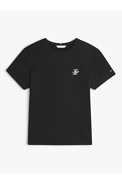 Tommy Hilfiger Kadın Marka Logo Detaylı Çizgili Regular Fit Kısa Kollu Siyah ...