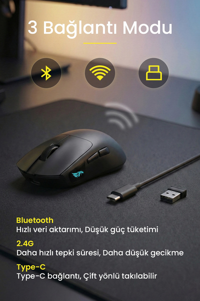 gameagle Prox Bluetooth-Kablosuz-Kablolu Şarjlı 12800 Dpı Hafif 59GR Gaming Mouse Oyuncu Mouse SİYAH