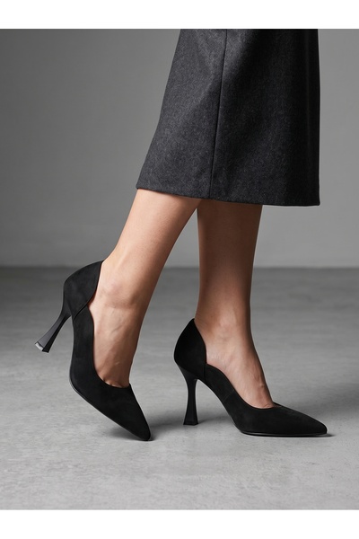 Güllü Shoes Black Suede Stiletto Heeled Evening Party Shoes with Curved Side ...