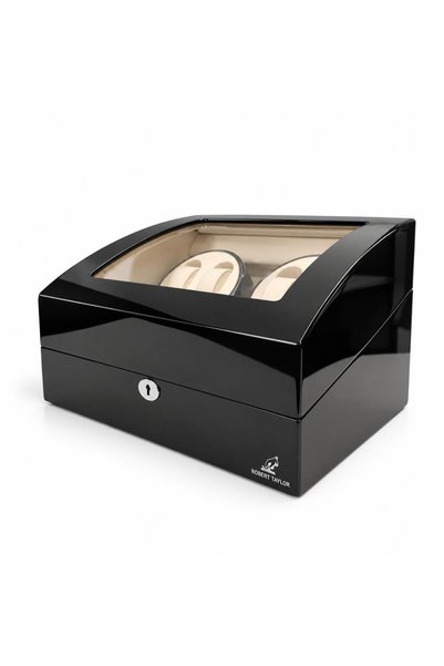 ROBERT TAYLOR Automatic Watch Winding Box 4+6 |   Piano Wood, Battery Operated & Electric Silent Motor, Cream Alcantara
