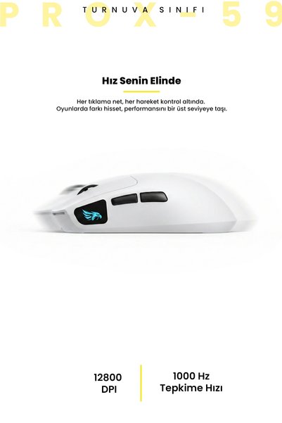 gameagle Prox Bluetooth-Kablosuz-Kablolu Şarjlı 12800 Dpı Hafif 59GR Gaming Mouse Oyuncu Mouse Beyaz