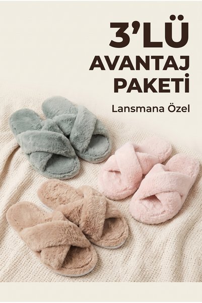 StWenn 3’lü Avantajlı Paket Peluş Kadın Ev Terliği Misafir Terliği Seti Sessiz Taban Yıkanabilir