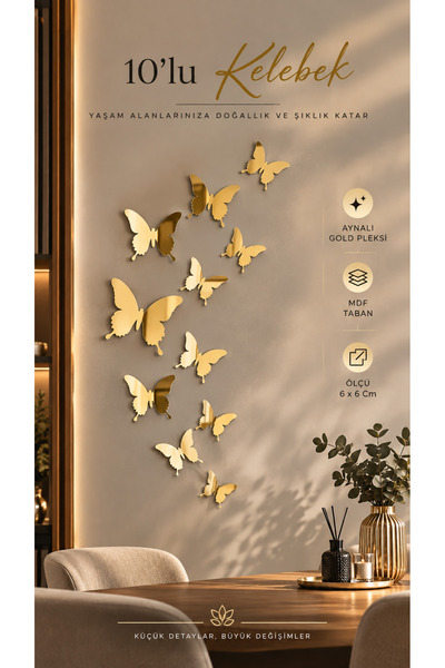 Numa Concept Duvar Dekoru 10'lu Kelebek Gold Pleksi Salon Ofis Ve Antre İçin ...