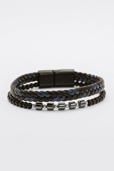JuraDeri Men's Genuine Leather Bracelet - Navy Blue Black Five-Strand Braided, Natural Hematite Stone