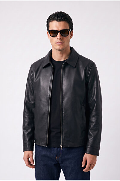 Mach Men's Regular Fit Collared Fur-Lined Leather Jacket