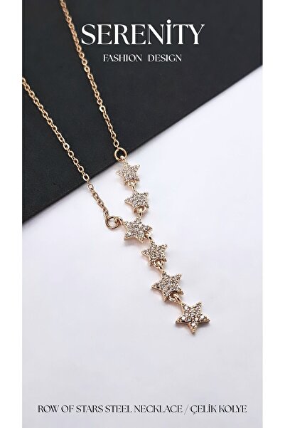Serenity Zircon Stone Steel Necklace with Row of Stars