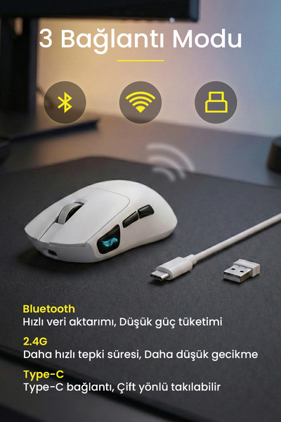 gameagle Prox Bluetooth-Kablosuz-Kablolu Şarjlı 12800 Dpı Hafif 59GR Gaming Mouse Oyuncu Mouse BEYAZ