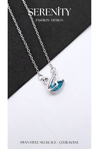 Serenity Silver Swan Steel Necklace with Blue Zircon Stone