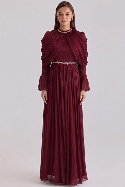 Olcay Volan and Stone Detailed Pleated Yoryo Silk Hijab Evening Dress Dark Bo...