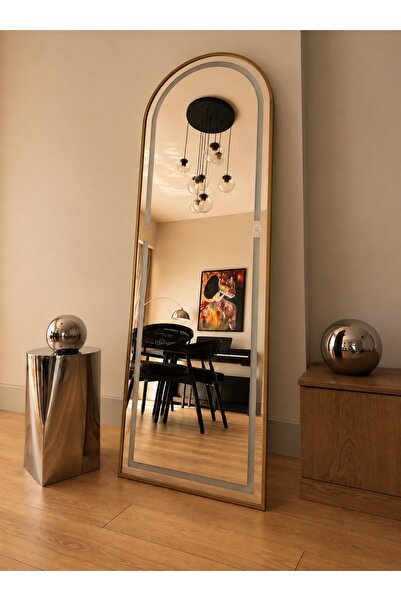 EFFE YAPI DEKOR Ledli Gold Metal Çerçeveli 180x60 Cm Ayaklı Boy Aynası