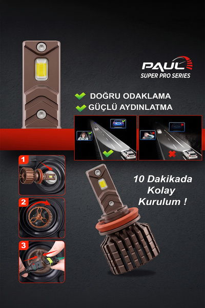 PAULLED Paul Süper Pro H11-h8-h9-h16 24.000 Lümen Güç Şimşek Etkili Odaklı Ufuk Çizgili Csp Led