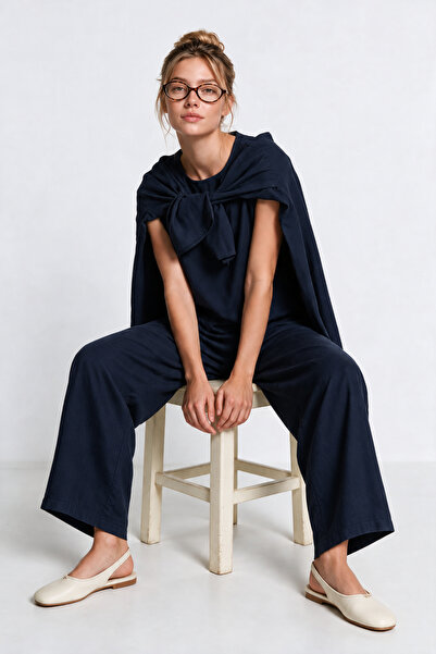 Lovelyİstanbul 3-Piece Shirt Blouse Trousers Gabardine Set Lby0071 Dark Blue