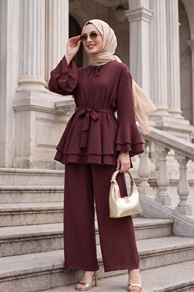 Modamorfo Jacquard Gofre Suit with Flared Sleeves, Flounce Detail, Wide-Legge...