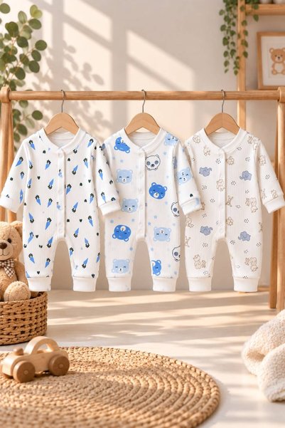 Zıbzıb baby %100 Pamuk Ayıcık Desenli 3'lü Yenidoğan Çıtçıtlı Bebek Tulum Seti
