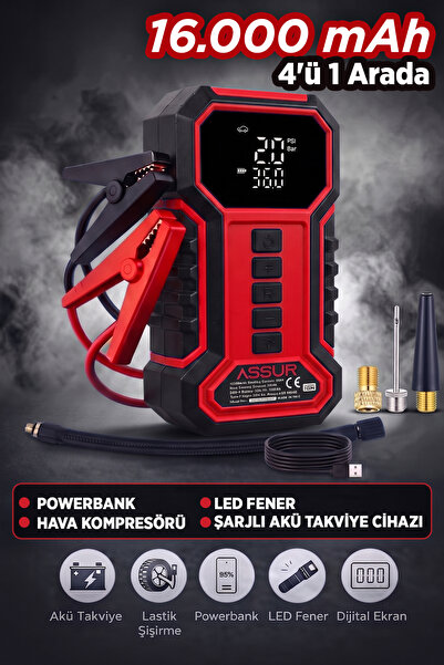 ASSUR 16.000 mAh Taşıma Çantalı Akü Takviye Cihazı | Hava Kompresörü | Powerb...