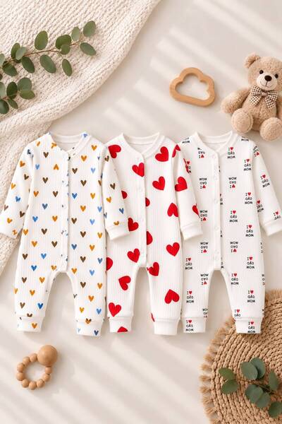 Zıbzıb baby %100 Pamuk Kalp Desenli 3'lü Yenidoğan Çıtçıtlı Bebek Tulum Seti