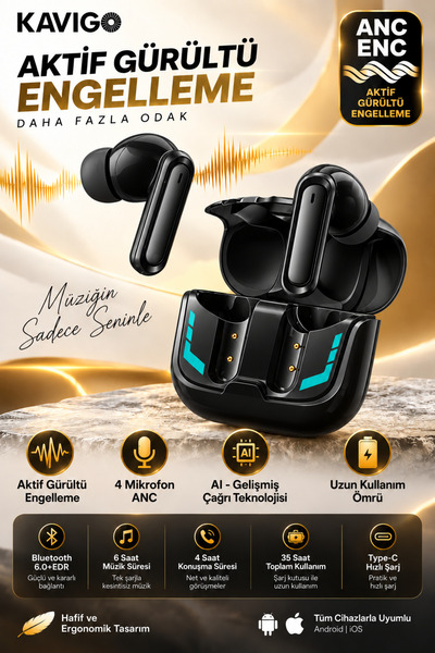 kawigo ANC ( Aktif Gürültü Engelleme ) Bluetooth Kulaklık 4 Mikrofonlu Bluetooth Kulaklık, Derin Bass, 35 Saat Kullanım, 40 Dakikada Hızlı Şarj
