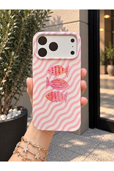 OVADA İphone 17 Pro Max Uyumlu Pembe Balık Desenli Kadife Soft Telefon Kılıfı