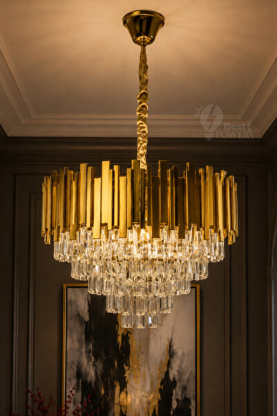 best power Gold Color Crystal Detailed Hanging Chandelier for Modern Decor from