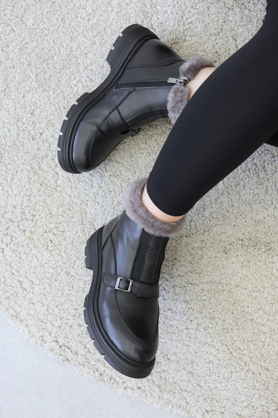 FAST STEP Genuine Leather and Fur Black Women's Classic Boots 217Kza789-34