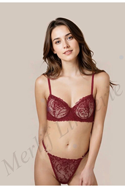 merlif lingerie Bordo Dantelli Brode Fantazii İç Çamaşır Takımı Bralette (Bal...