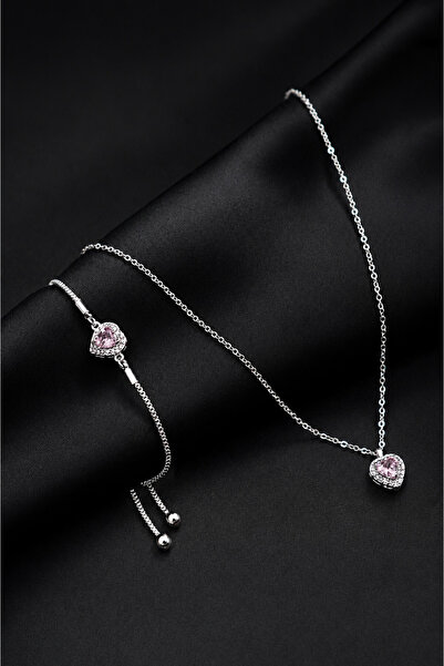TREND COLLECTİON Zirkon Taşlı Kalp Charm Model Pembe Renk Kadın Kolye Ve Bile...