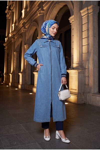 Modamorfo Long Denim Jacket with Pearl Shoulders and Ribbed Zipper Closure