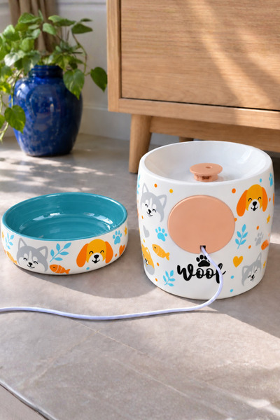 Pawicci Kedi Köpek Su Pınarı ve Mama Su Kabı 2'li Set Porselen Otomatik Filtreli Seramik Sebil 1.3 L LED Işıklı