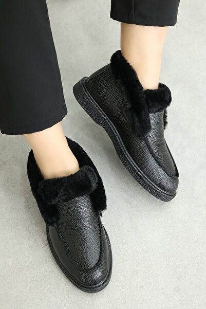 FAST STEP Genuine Leather and Fur Black Floater Women's Classic Boots 733Kza217