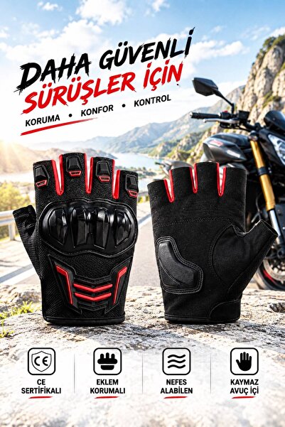 YAZLIK KISA MOTOSİKLET ELDİVENİ TAM KORUMALI YASAYA UYGUN YÜKSEK KALİTE CR SİYAH KIRMIZI