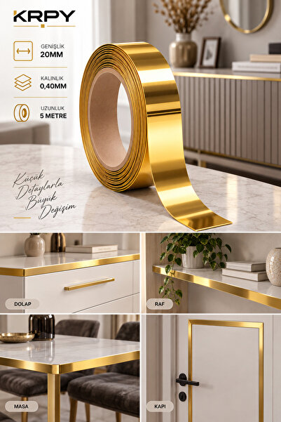 KRPY 20mm Altın Dekoratif Şerit Bant PVC - Kendinden Yapışkanlı Metalik Gold Duvar ve Mobilya Süsü
